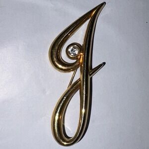 Monet Vintage Gold Tone Letter J Brooch Crystal Accent B2-80